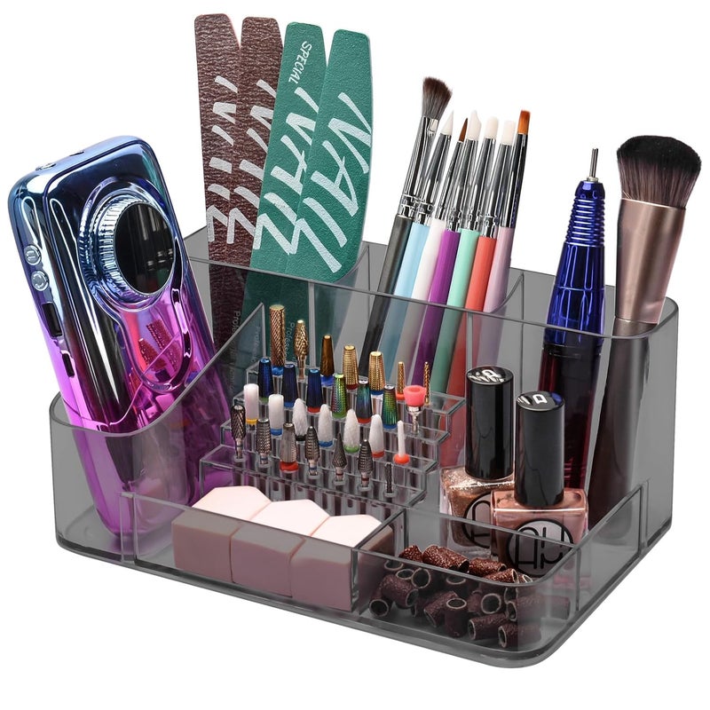 CGBE Nail Drill Machine & Nail Drill Holder, 28 Holes Acrylic Drill Bit Holder for Nails, Professional Nail Organizer and Storage Box Case (Not Including Nail Drill Machine & Bit) - Gray - Image 1